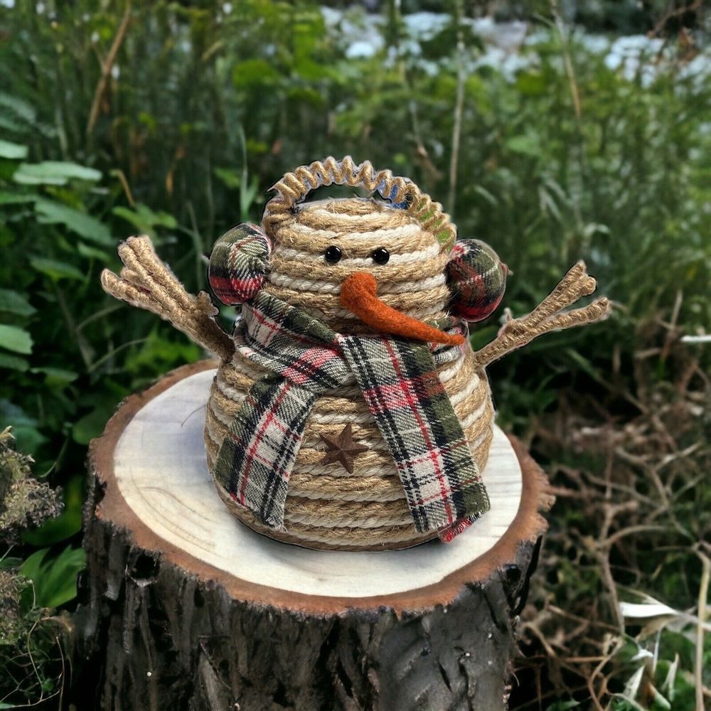 Snowman Twine Rope 7” Tall‎ Stuffed Decorative Winter Christmas Plaid Scarf Snow